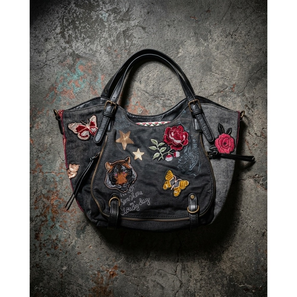 Desigual Rotterdam Always Negro Embroidered Patch Black Denim Hobo Bag